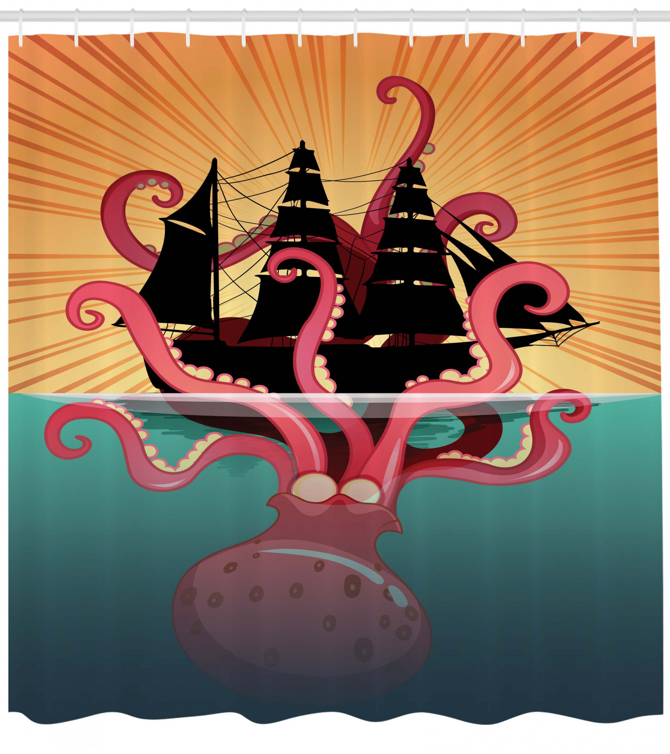 Kraken Decor Shower Curtain, Coral Sea Monster Sinking the Boat Retro