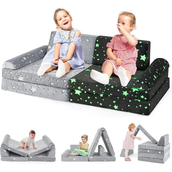 INFANS Modular Kids Play Couch, 8 PCS Toddler Creative Sectional Fort Building Sofa for Playroom, Bedroom, Children Convertible Soft Foam Furniture Playset Floor Cushion Boys Girls
