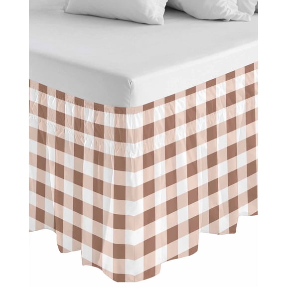 Brown Checkered Wrap Around Bed Skirts for California King Bed 16" Drop,Bed Skirt with Adjustable Elastic Belt Dust Ruffle Bed Valance for Bedroom Hotel Luxury Farmhouse Buffalo Plaid Bed Frame Cover