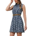 thumbnail image 4 of INSPIRE CHIC Women's Floral Printed Half Placket Knee Length Sleeveless Spring Belted Dress S Blue, 4 of 5