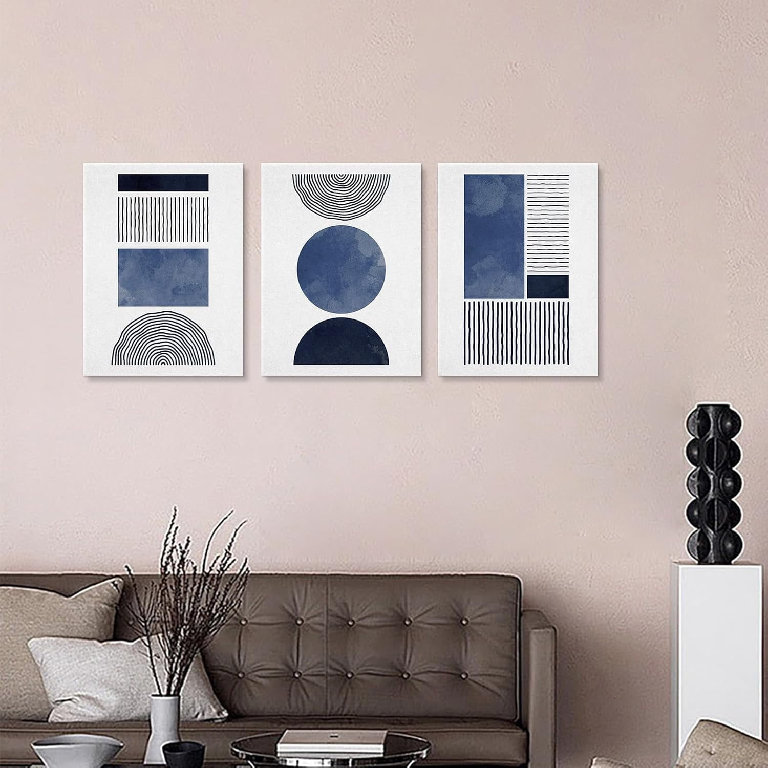 Black Blue and White Wall Art Canvas Set Mid Century Boho Pictures Modern Geometric Wall Decor Minimalist Bohemian Abstract Painting Artwork for Living Room Bedroom Office 12" x 16" x 3Pc