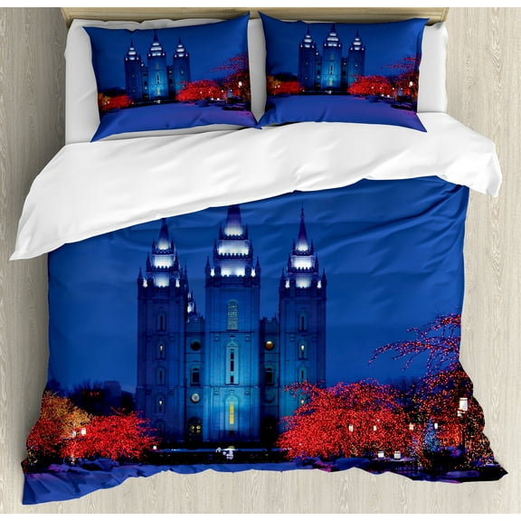 Scenery Duvet Cover Set, City Building Castle Landmark Landscape in Winter with Christmas Celebration, Decorative 3 Piece Bedding Set with 2 Pillow Shams, Calking Size, White and Blue, by Ambesonne