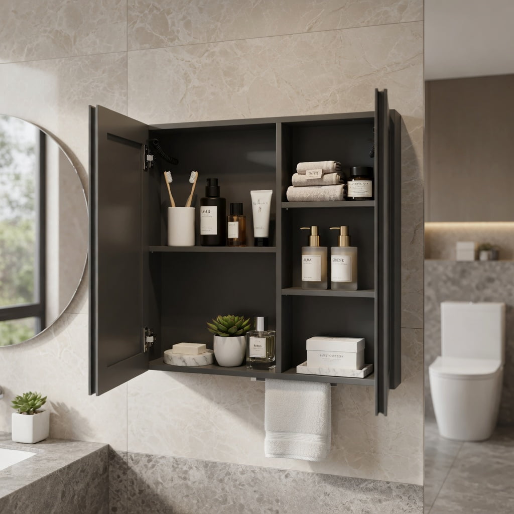 Hommoo Modern LED Bathroom Medicine Cabinet with Anti-Fog Mirror, Soft White Lighting & Wall-Mounted Aluminum Frame, Two-Door Storage, Black