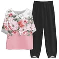 thumbnail image 2 of DDAPJ pyju Womens Cotton Linen 2 Piece Outfits Dressy Floral Print Half Sleeve Blouse Tops with Elastic Waist Capri Pants Suits Plus Size Lounge Matching Set Pink XXXXL, 2 of 6
