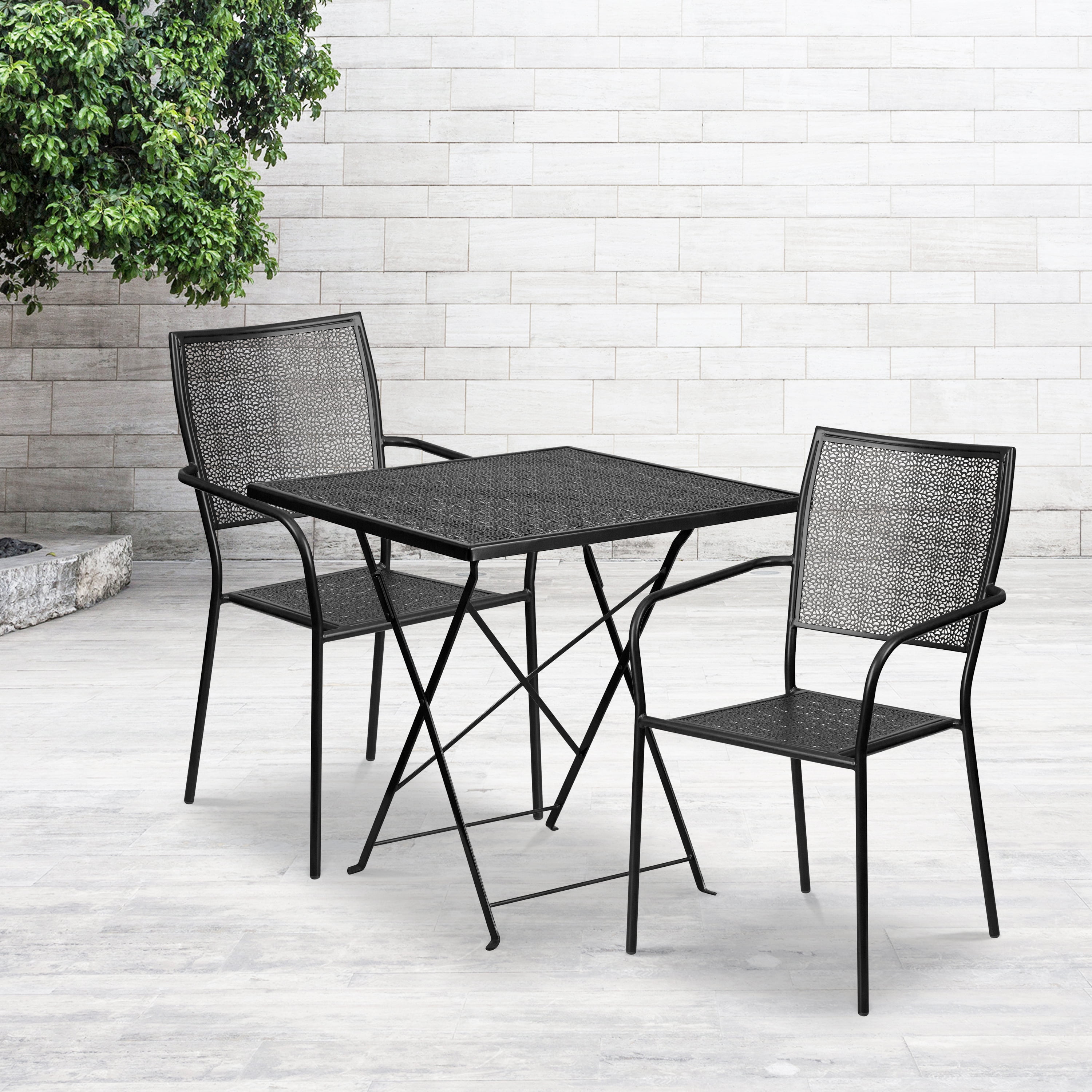 Flash Furniture Oia Commercial Grade 28" Square Black Indoor-Outdoor Steel Folding Patio Table Set with 2 Square Back Chairs - image 2 of 5