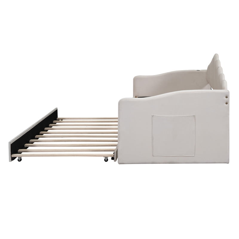 Twin Size Velvet Upholstered Daybed with Trundle, Low Profile Sofa Bed Frame with USB Ports & Curved Backrest