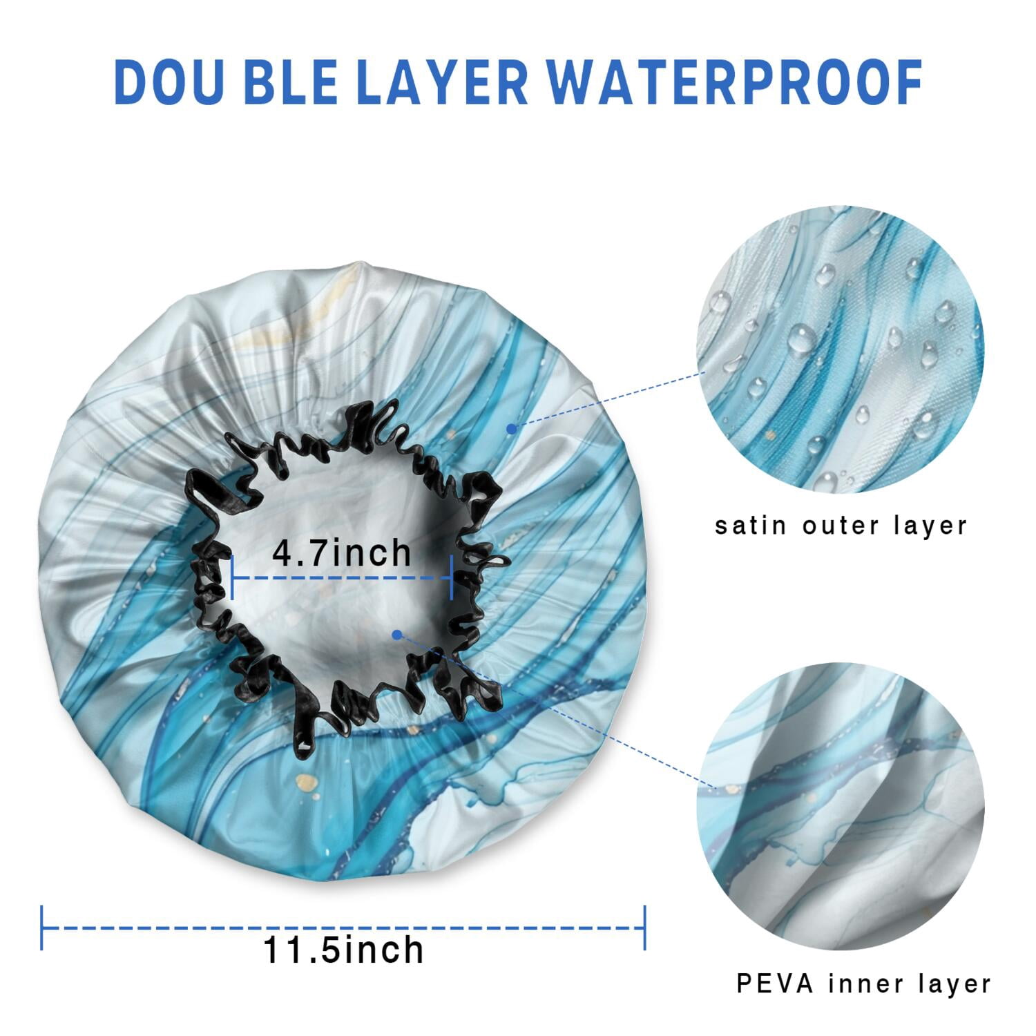 Shower Caps,Blue White Gold Marble Pattern Waterproof Shower Cap for Women 4 Pieces,Double Reusable Hair Cover for Shower PEVA Elastic Stretch Hem