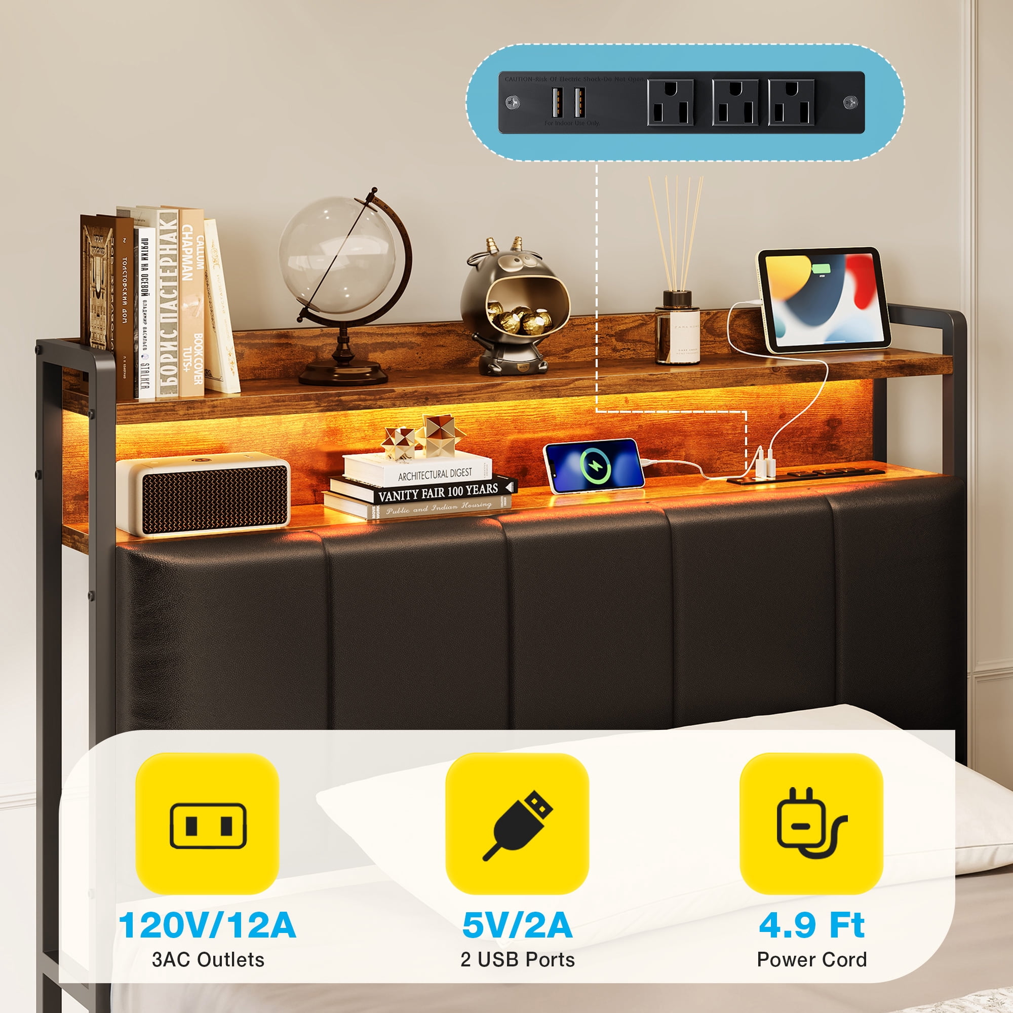Bed Frame Twin Size with Storage Headboard and Drawer, Upholstered Platform Bed with Charging Station and LED Light, Heavy Duty Frame Support, No Box Spring Needed, Noise Free, Vintage