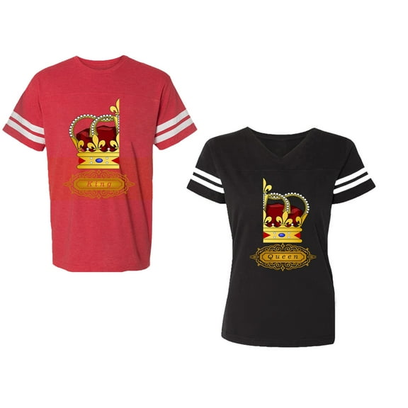 King Queen Red Gold Crown Unisex Couple Matching Cotton Jersey style T-Shirt Contrasting stripes on sleeves (Men Red / Women Black) (Men S / Women S)
