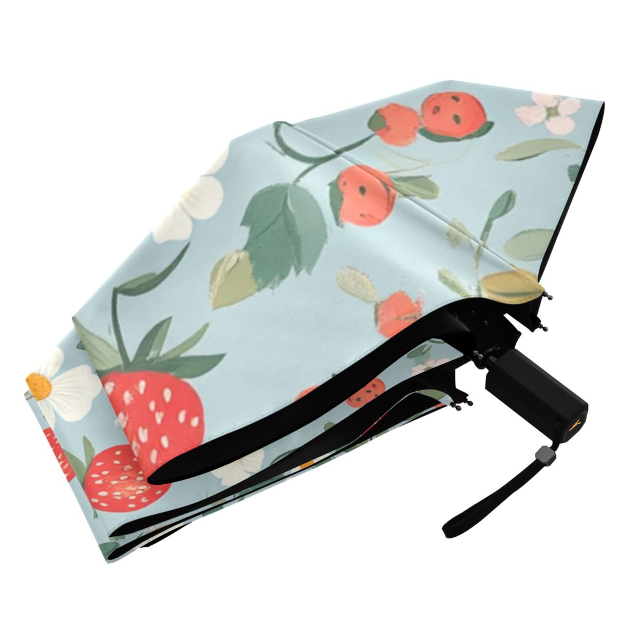 Strawberries and Strawberries Flowers Leaves Cute All Weather Umbrella Triple Folding Parasol 6 Ribs UV Protection Portable