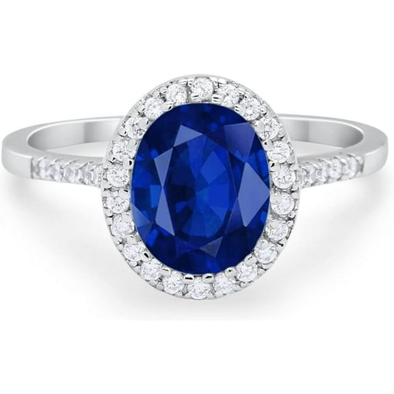 Gems Jewels 2.00 Ct Oval Cut Blue Sapphire Engagement Wedding Halo Ring 14K White Gold Plated 925 Sterling Silver For Women's -4.5