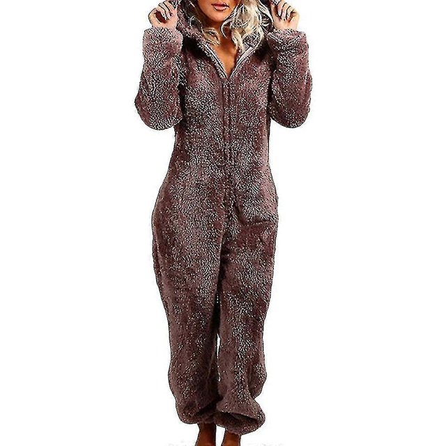 Women Winter Fluffy Fleece Hooded Jumpsuit - All In One