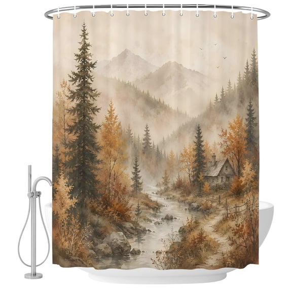 72x78 Inch Shower Curtain Fall Forest Bathroom Decor, Waterproof Fabric Bathtub Bath Curtains Decorative Autumn Vintage Pine Trees Cabins Mountains Extra Long Shower Curtain Set with Hooks