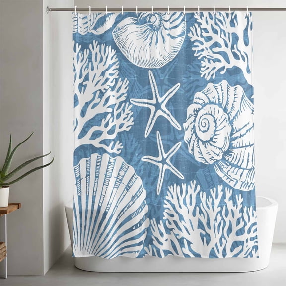 Marine Life Shower Curtain, Coastal Minimalist Blue Ocean Reef Starfish Seashells Waterproof Washable Bath Fabric Shower Curtains Set with 12 Hooks for Bathroom Bathtub Decoration 72x72in