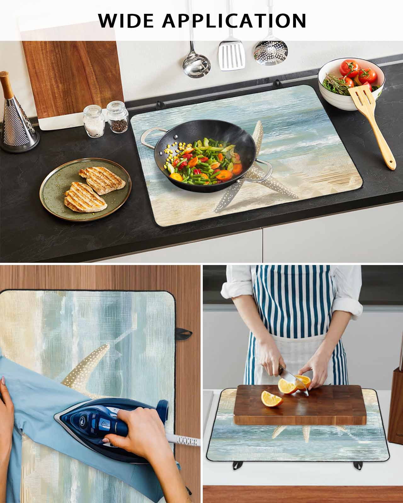 nqOlkjepod Large Induction Cooktop Protector Mat 24"x21", Boho Coastal Beach Stove Top Covers for Electric Stove, Vintage Ocean Wave Starfish Stove Burner Cover Mats, Glass Top Stove Cover