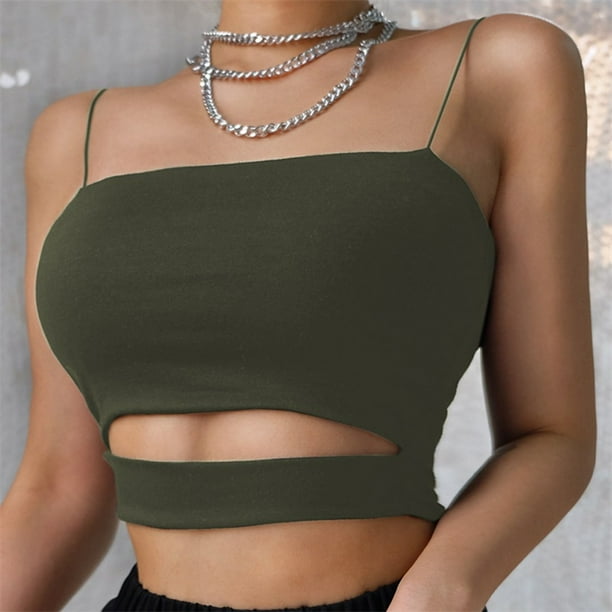 Señoras Sexy Moda Espagueti Rayas Hueco Corto Top Casual Color puro Camiseta corta Chaleco sin mangas más el tamañopangjing