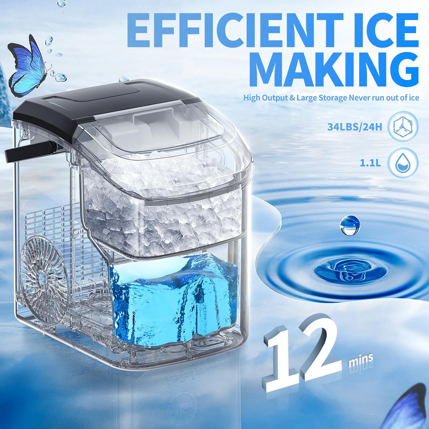 WAA 35Lbs/24H Nugget Ice Maker Countertop Pebble Soft Ice,Self-Cleaning Ice Scoop Black