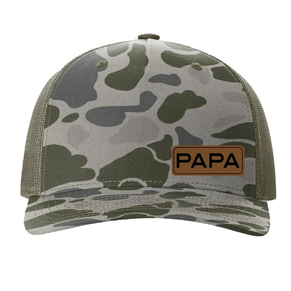 PAPA Vegan Leather Patch Cap, Richardson 112, Dad Hat, Birthday & Father's Day Gift, Richardson Cap (Marsh Camo)