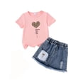 thumbnail image 3 of CHENge Little Girls 2 Piece Outfits, Heart Print T-Shirt and Frayed Denim Skirt Set for Kids Summer Wear, 3 of 5