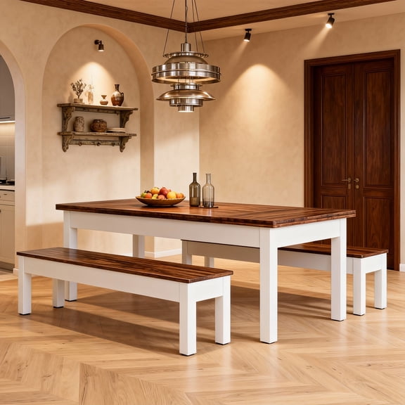 KIOOTTO 55" Farmhouse Dining Table Set with 2 Tuck-Under Benches, White & Brown Kitchen Table for 4-6, 3-Piece Space-Saving Set for Small Spaces & Apartments