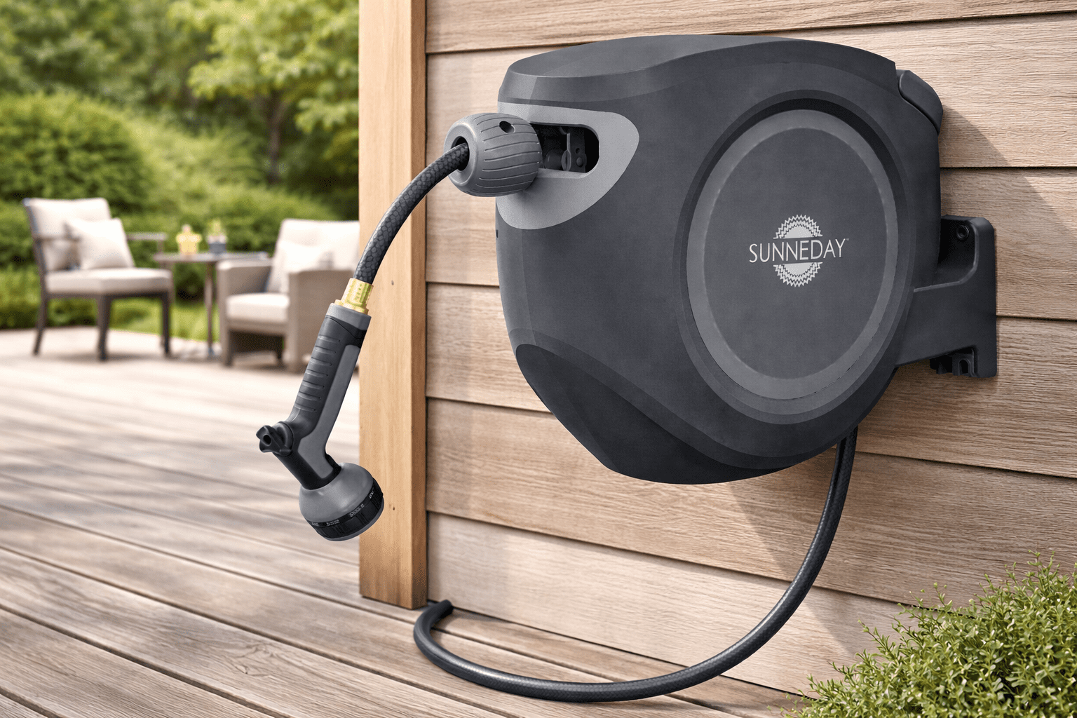 Sunneday 100ft Retractable Hose Reel 5/8 | Automatic Retractable Hose Reel w/Wall Mount | Easy to Assemble Water Hose Reel w/Flexible Swivel Mount | Retractable Garden Hose Reel (100ft.Black/Gray)