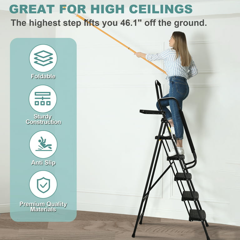 HBTower Folding 5-Step Ladder, 330lbs, with Handrails and Tool Tray and  Anti-Slip Pedal, White 