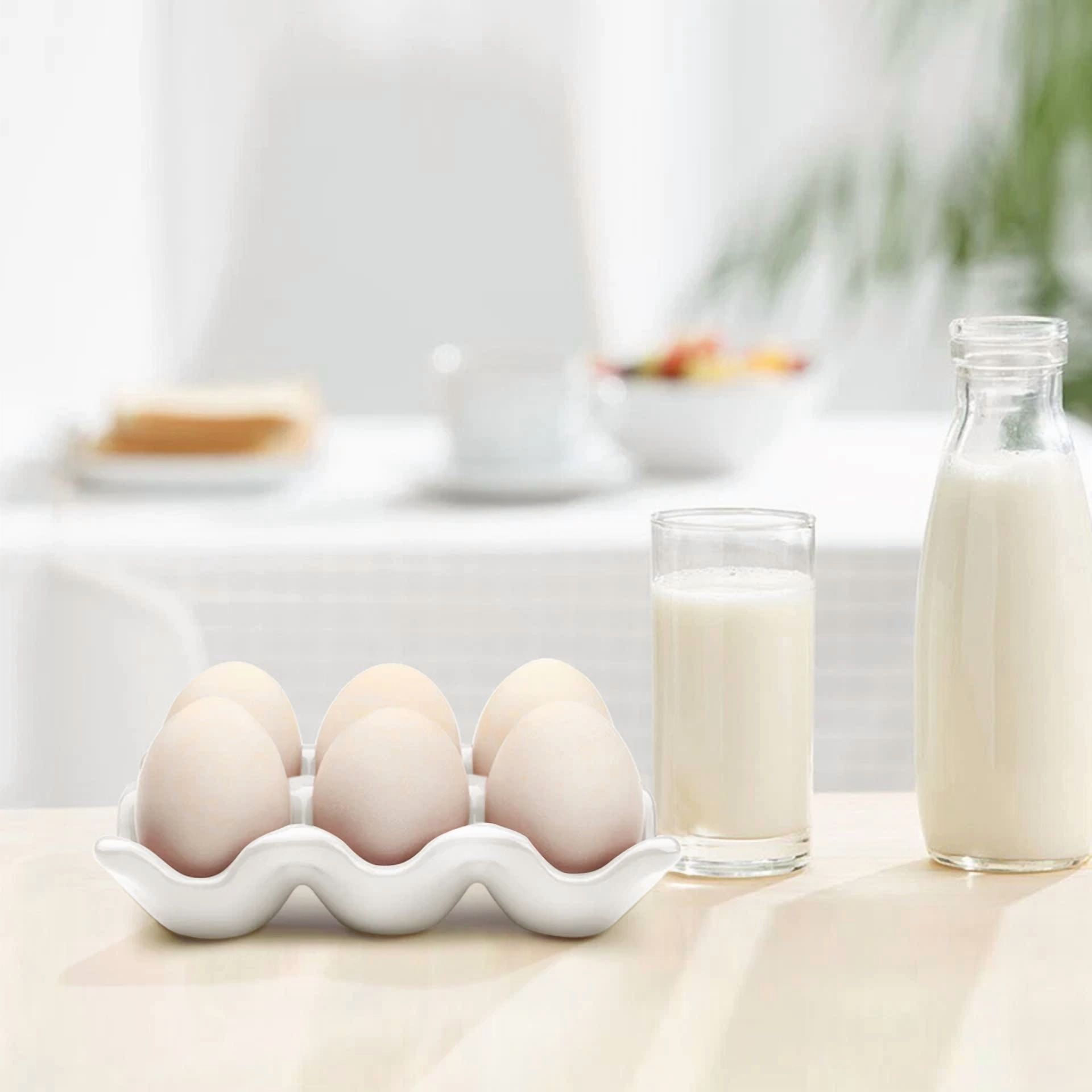 CIRCLE- Ceramic Egg Tray 6 Cup Egg Holder Container For Refrigerator Fridge (White)