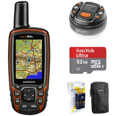 Garmin GPSMAP 64s Worldwide Handheld GPS with 1 Year BirdsEye Subscription (010-01199-10) + 32GB Memory Card + LED Brite-Nite Dome Lantern Flashlight + Carrying Case + 4x AA Batteries w/