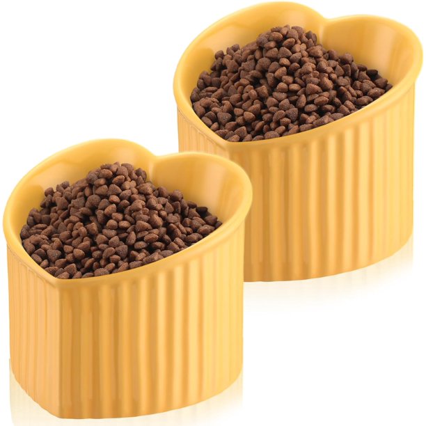 cuencos elevados de cerámica para gatos, inclinados, elevados, antivómitos, para gatos de interior, alimentador de platos de agua sin estrés para gatos, cachorros, en forma de corazón (azul macarrón,