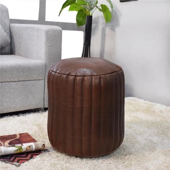 BBH Homes UBBBBACPF08SC04B1HS 18 x 18 x 18 in. Solid Handmade Goat Leather Round Pouf, Brown