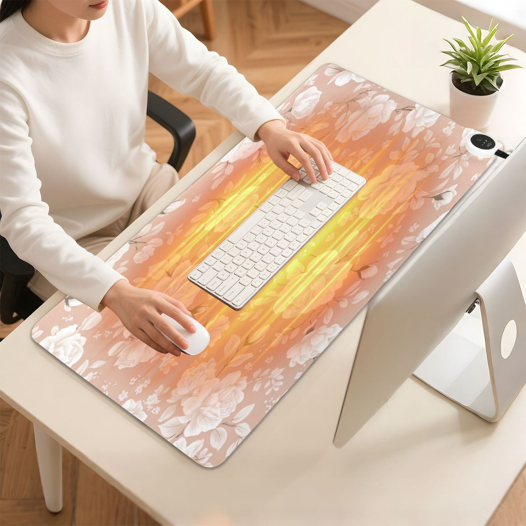 Large Heated Desk Mat Mouse Pad 31.5"x13"PU Leather Graphene Heating Desk Warmer with 3 Temperature Settings 110V US Plug Non-Slip Warm Pad for Home, Office, and Gaming Vintage Taupe Rose Print