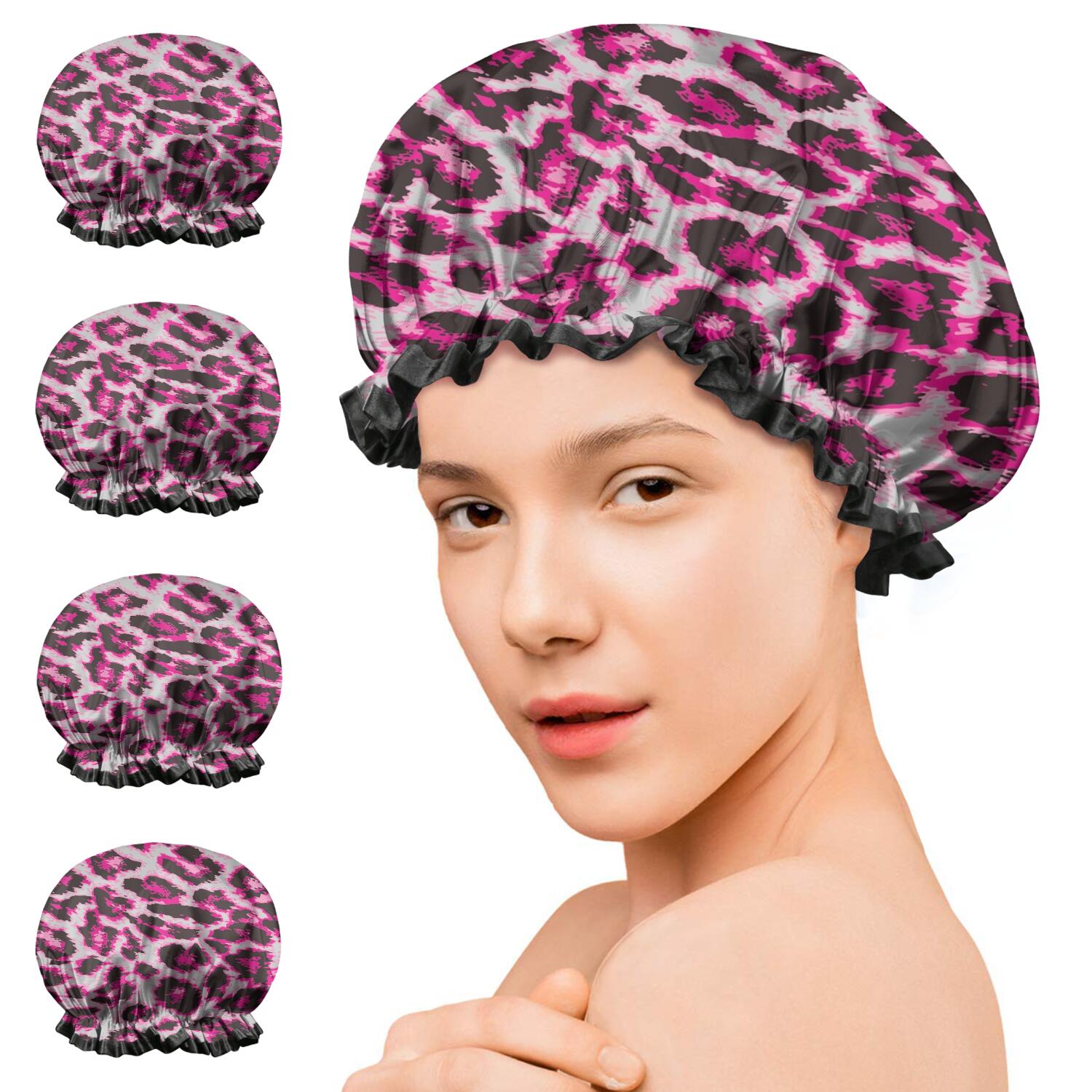 Shower Caps,Pink and Gray Of Leopard Print Waterproof Shower Cap for Women 4 Pieces,Double Reusable Hair Cover for Shower PEVA Elastic Stretch Hem