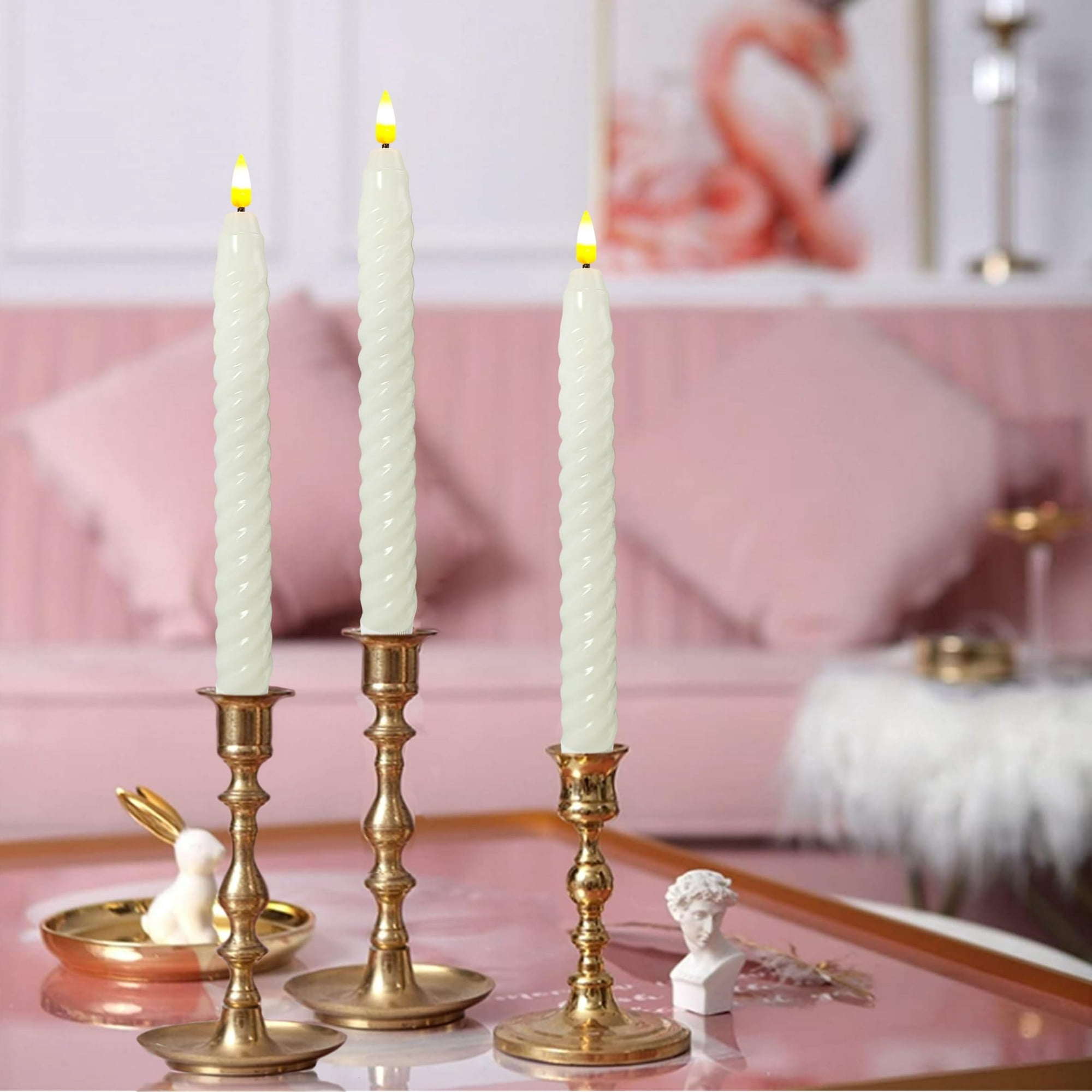 White Spiral Flameless Taper Candles, 9.8 Inch Flickering Candles with Remote and Timer, Real Wax Candlesticks LED Battery Operated 3D Wick for Wedding Party Home Decor