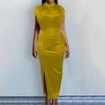 thumbnail image 3 of Neinkie Party Dress Tight Waist Sheath Dress Slim Fit High Split Solid Color Breathable Soft Half-high Collar Short Sleeves Evening Dress Wedding Dress, 3 of 9