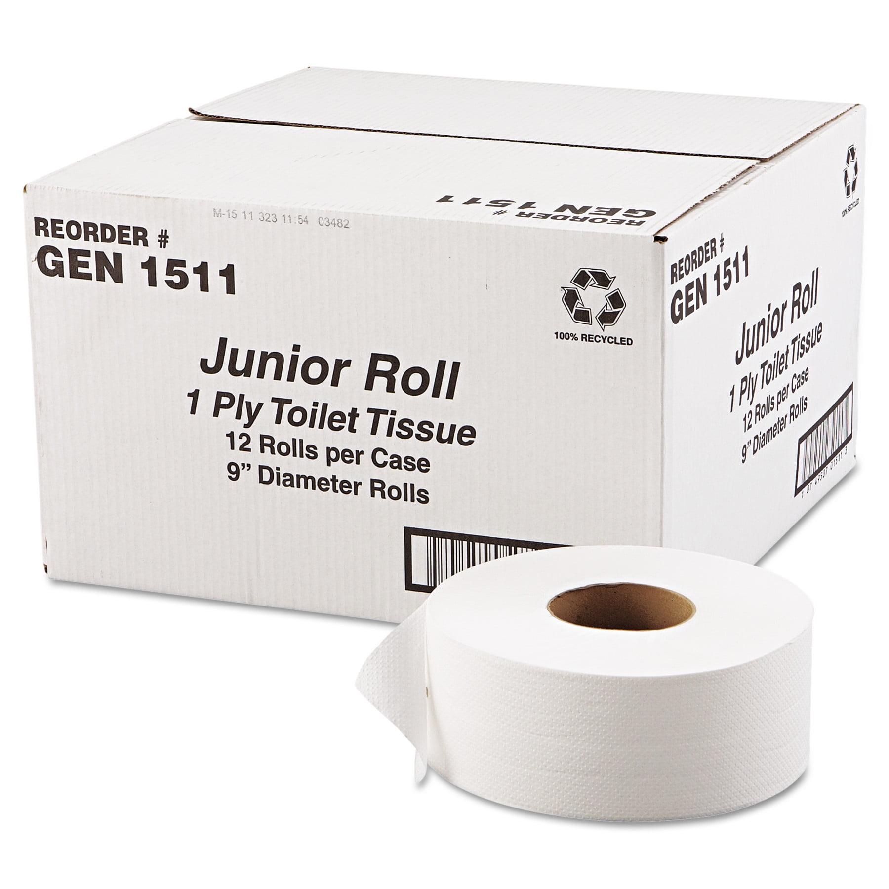 GEN JRT Jumbo Toilet Paper, Septic Safe, 1-Ply, White, 9" dia, 12 Rolls/Carton -GEN1511