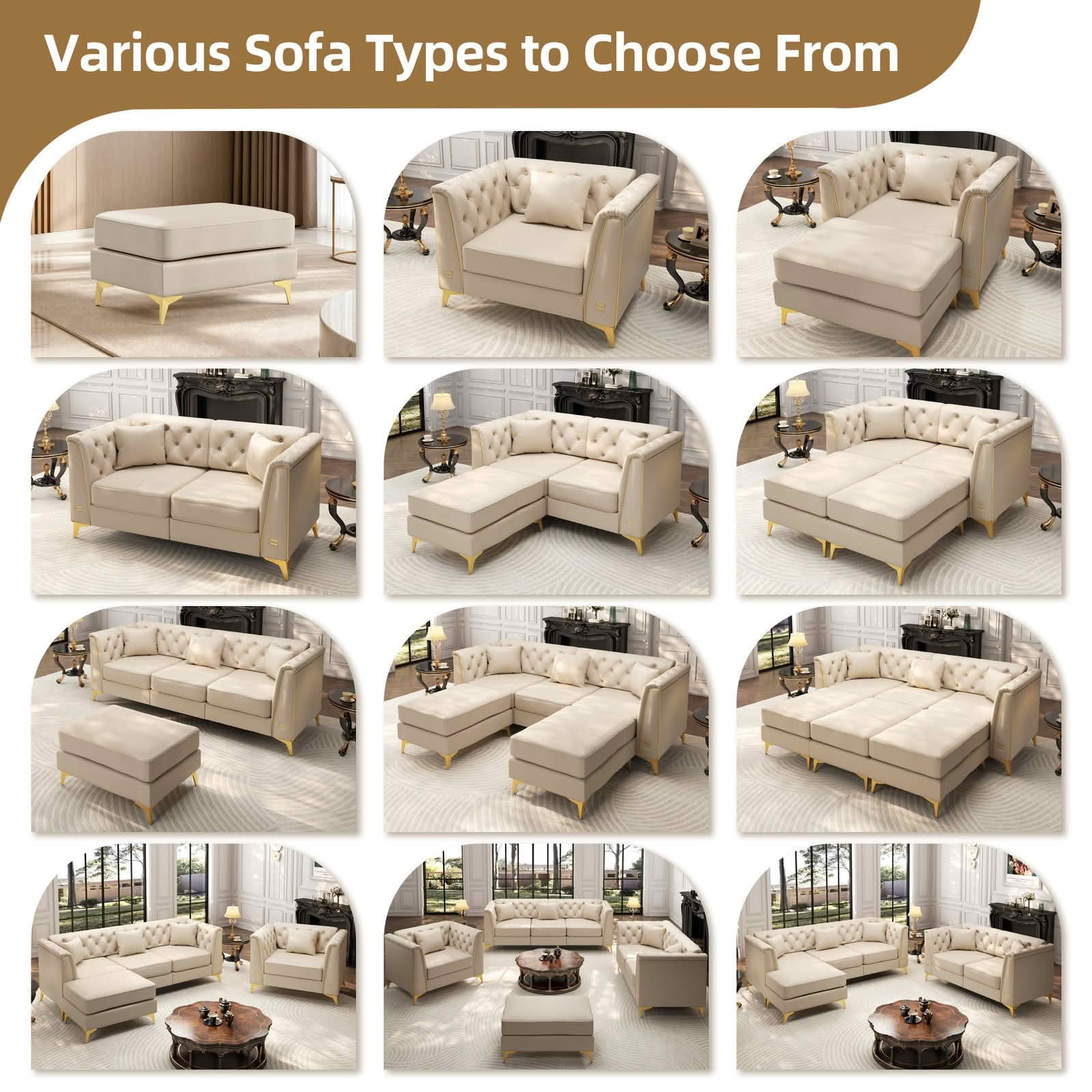 MAYEERTY 81.5" Light Luxury Modular Chesterfield 3‑Seater Sofa with 2 Ottomans, Faux‑Leather Couch, Button Tufting, Metal‑Trim Armrest & Slim Metal Legs, 3 Pillows Included