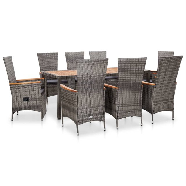 vidaXL Ensemble de Salle à Manger Extérieur 9 Pcs avec Coussins Poly Rotin Gris