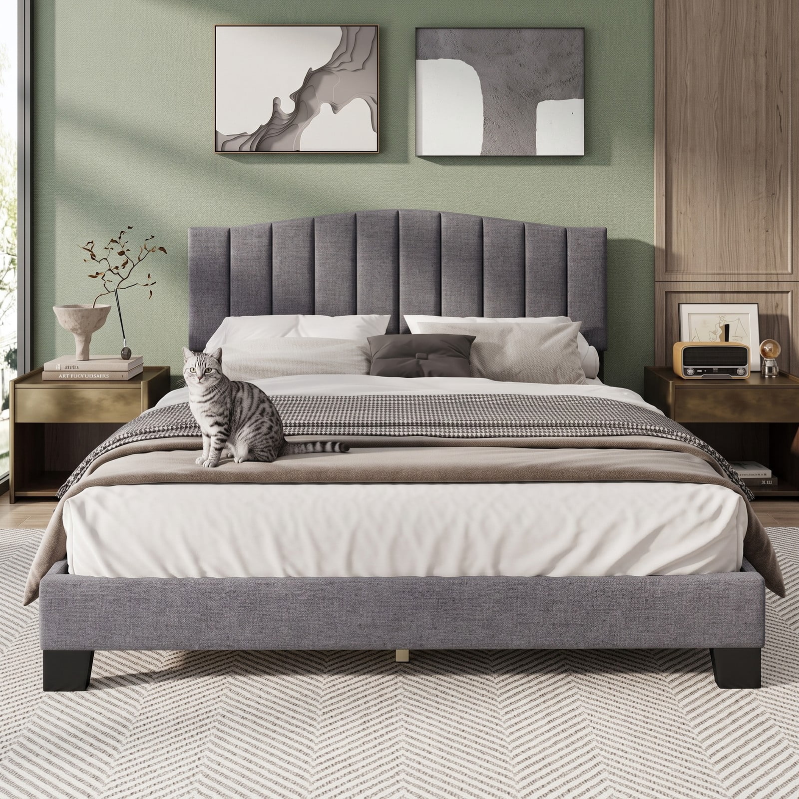Furnibear Queen Size Bed Frame Upholstered Platform Bed with Adjustable Channel Tufted Wingback Headboard, No Box Spring Needed, Gray