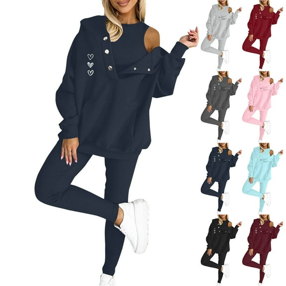 THDHVS Workout Sets for Women,Matching Sets Women Clothing,Womens 3 Pc Outfits Lounge Hoodie Sweatsuit Sets Oversized Sweatshirt Baggy Fall Fashion Sweatpants with Pockets Blue 2XL