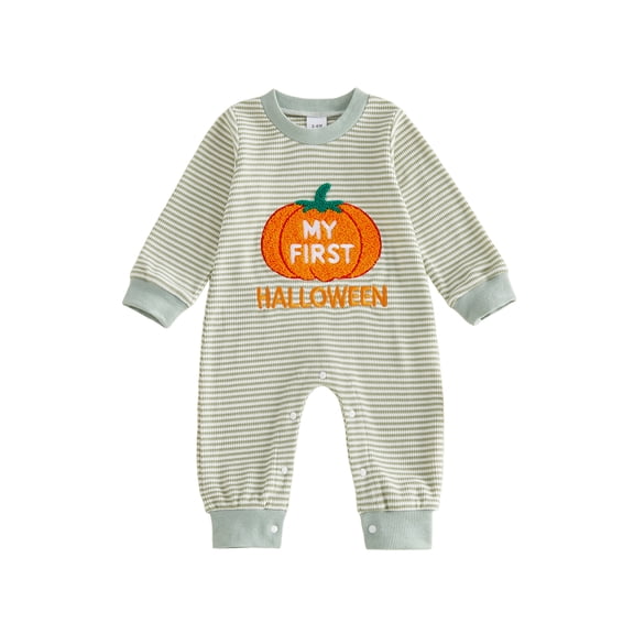 BemeyourBBs Newborn Baby Boy Girl My First Halloween Outfit Infant Baby Girls Boys Fall Clothes Waffled Stripes Romper Pumpkin Embroidered Long Sleeve Jumpsuit Playsuit