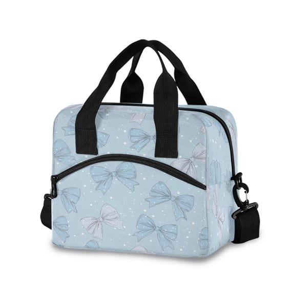 Insulated Crossbody Lunch Bag 10L Lunch Tote with Adjustable Shoulder Strap for Work Office Picnic Pastel Blue Bows and Dots
