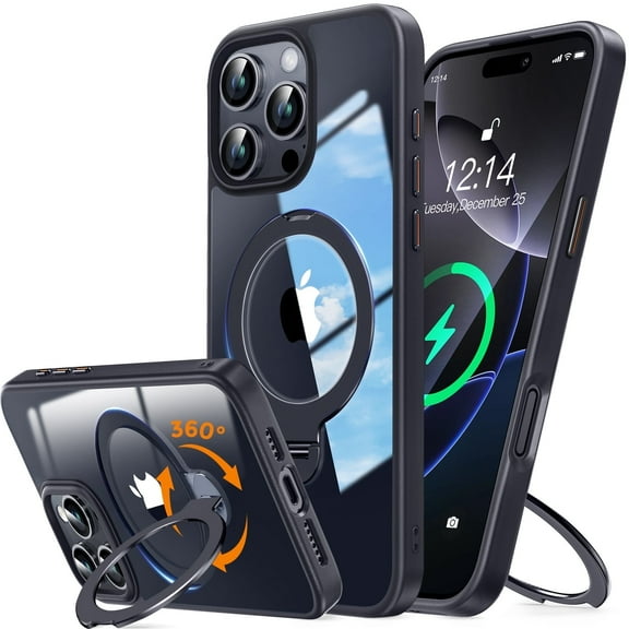 JETeacka 360° Spin Stand iPhone 16 Pro Max Case(6.9"), MagSafe Compatible Magnetic Ring, TPU Ultra-Clear, Shockproof Slim Cover with Kickstand, Black