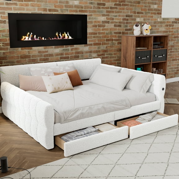 Euroco Upholstery Queen Size Platform Bed, Sofa Bed with USB Charging Station and 2 Drawers, White