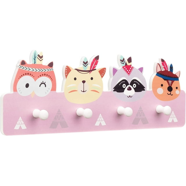 Kids Coat Hooks Rack Wooden Hanger Rail with Pegs Wall Mounted Children&#;s Coat Rack with Hooks Cute Animals Design