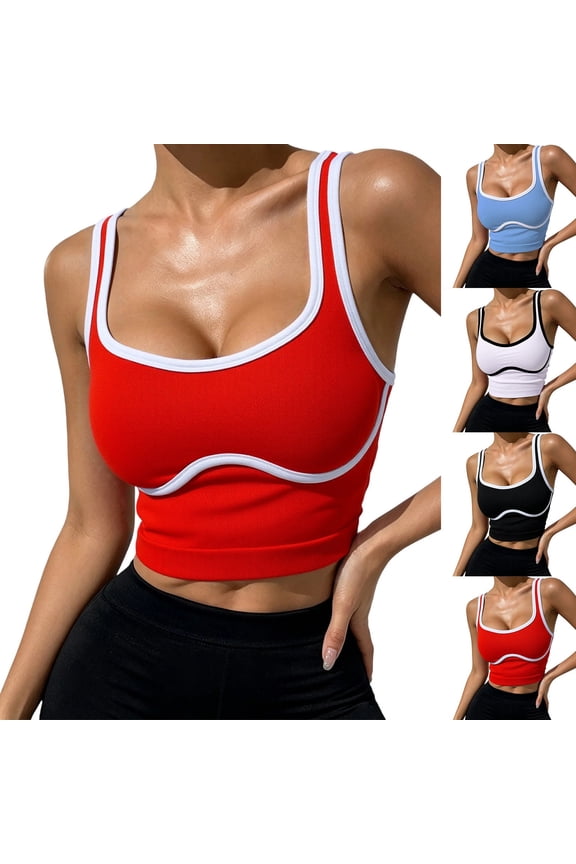 Women Color Block Wire Free Backless Sports Tank Tops, Seamless Racerback Breathable Workout Camisoles, Athletic Tops For Yoga Running Gym, Tank Tops For Women Red M