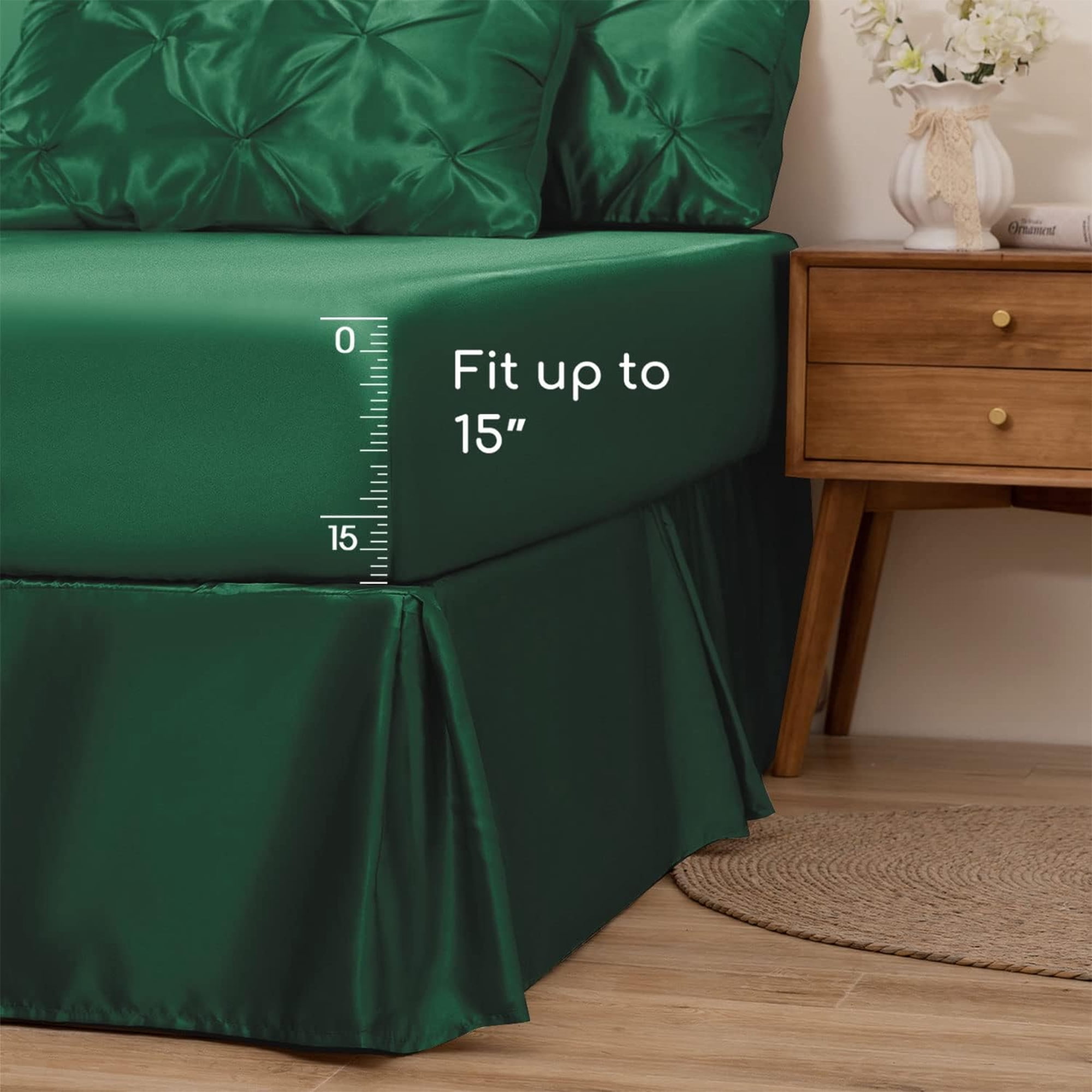 MR&HM Satin Comforter Set 7 Pieces Queen Size - Luxurious Pinch Pleat Bed in a Bag with Satin Comforter, Satin Sheets, Satin Pillowcases & Shams, Silky Soft Bedding Set for All Seasons (Dark Green)