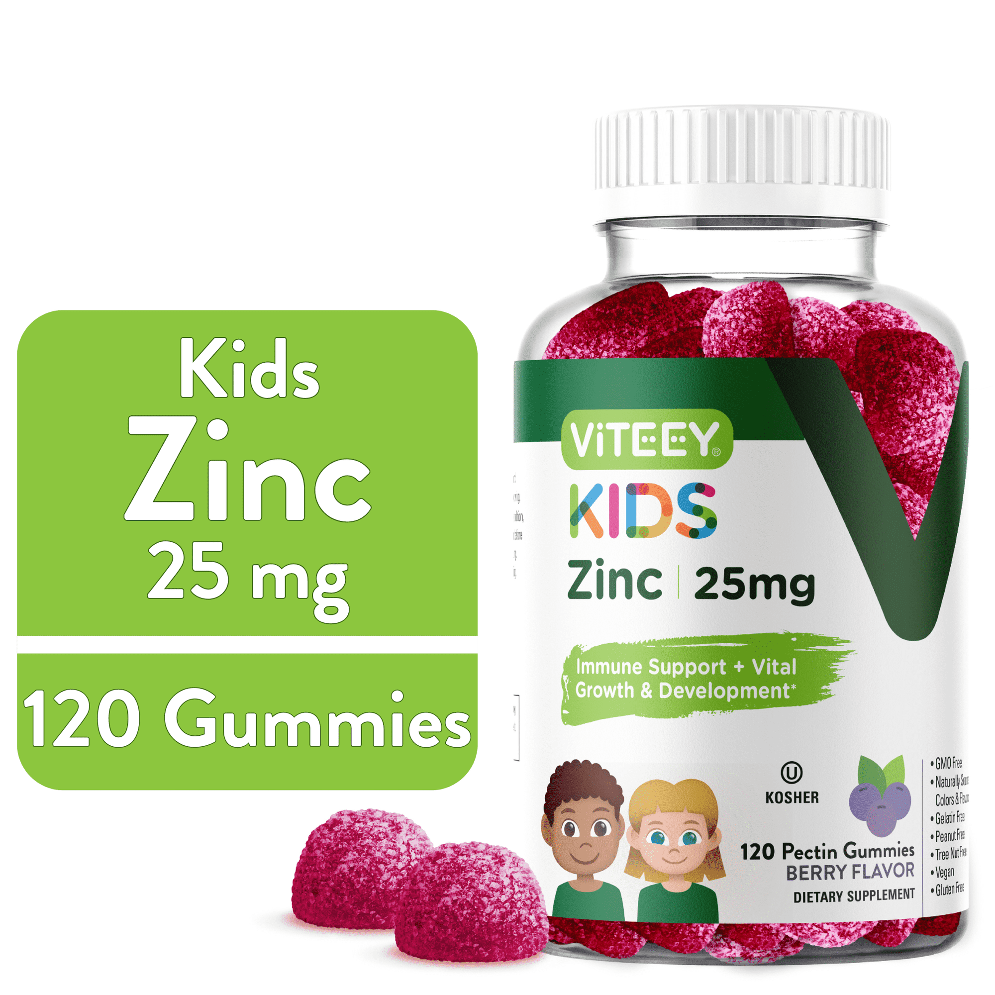 VITEEY Kids Zinc Gummies 25mg, Kids Immune Support Zinc Supplement, Berry Flavor, 120 Ct