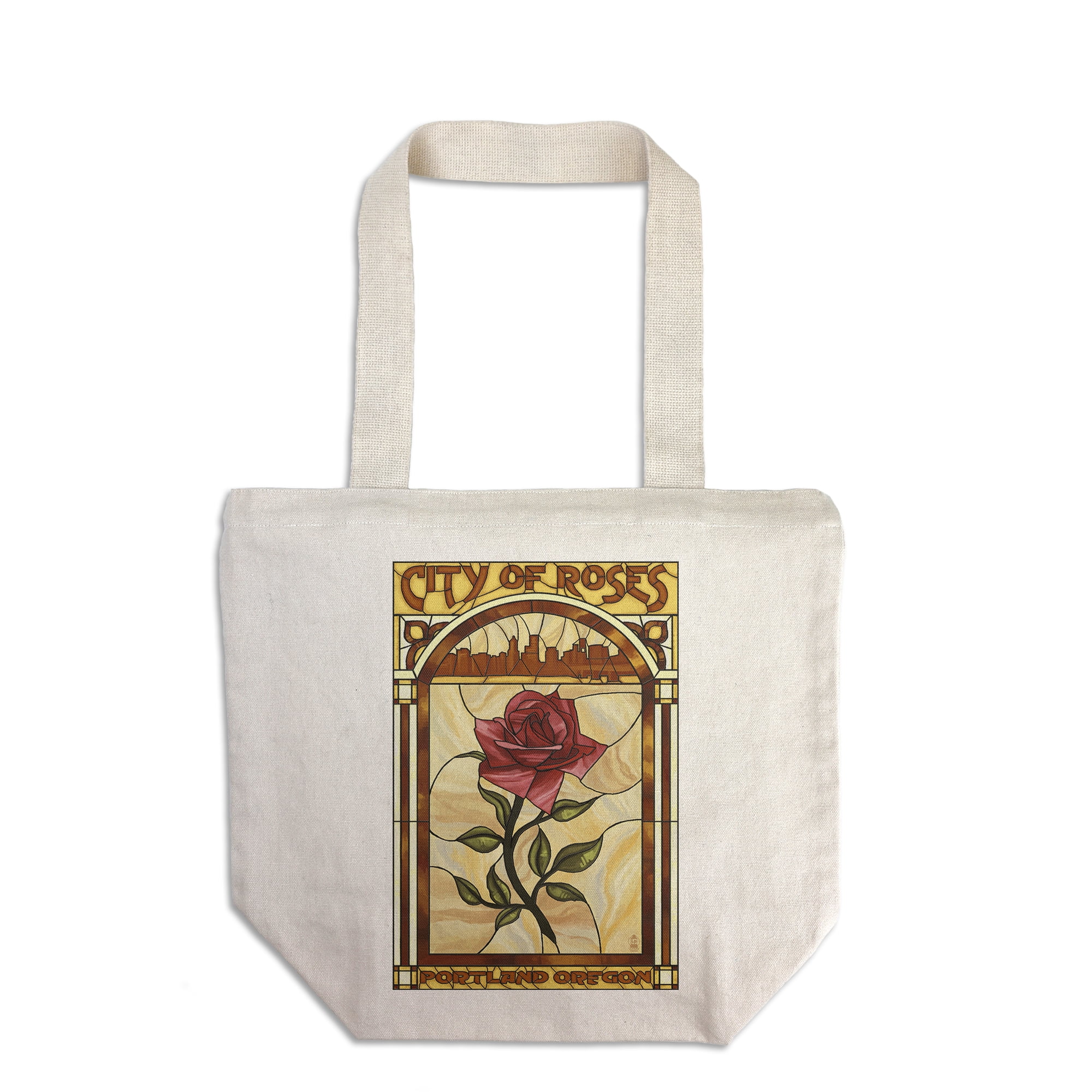 Portland, Oregon, Rose and Skyline Stained Glass (100 Cotton Canvas