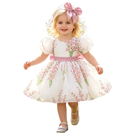 JAJAHO Toddler Baby Girls Princess Birthday Dress Flower Girl Party Tutu Wedding Formal Dresses Puff Short Sleeve Floral Print Tulle Gown 6M-3Y