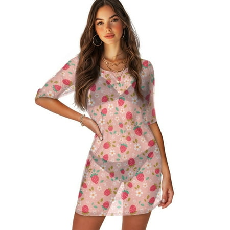 FKELYI Pink Floral Strawberry Print Women s Swimsuit Cover Ups Round Neck Swimwear Cover-Up Half-Sleeve Beachwear Bikini Beach Dress for Ladies Summer Vacation Swimming  XS